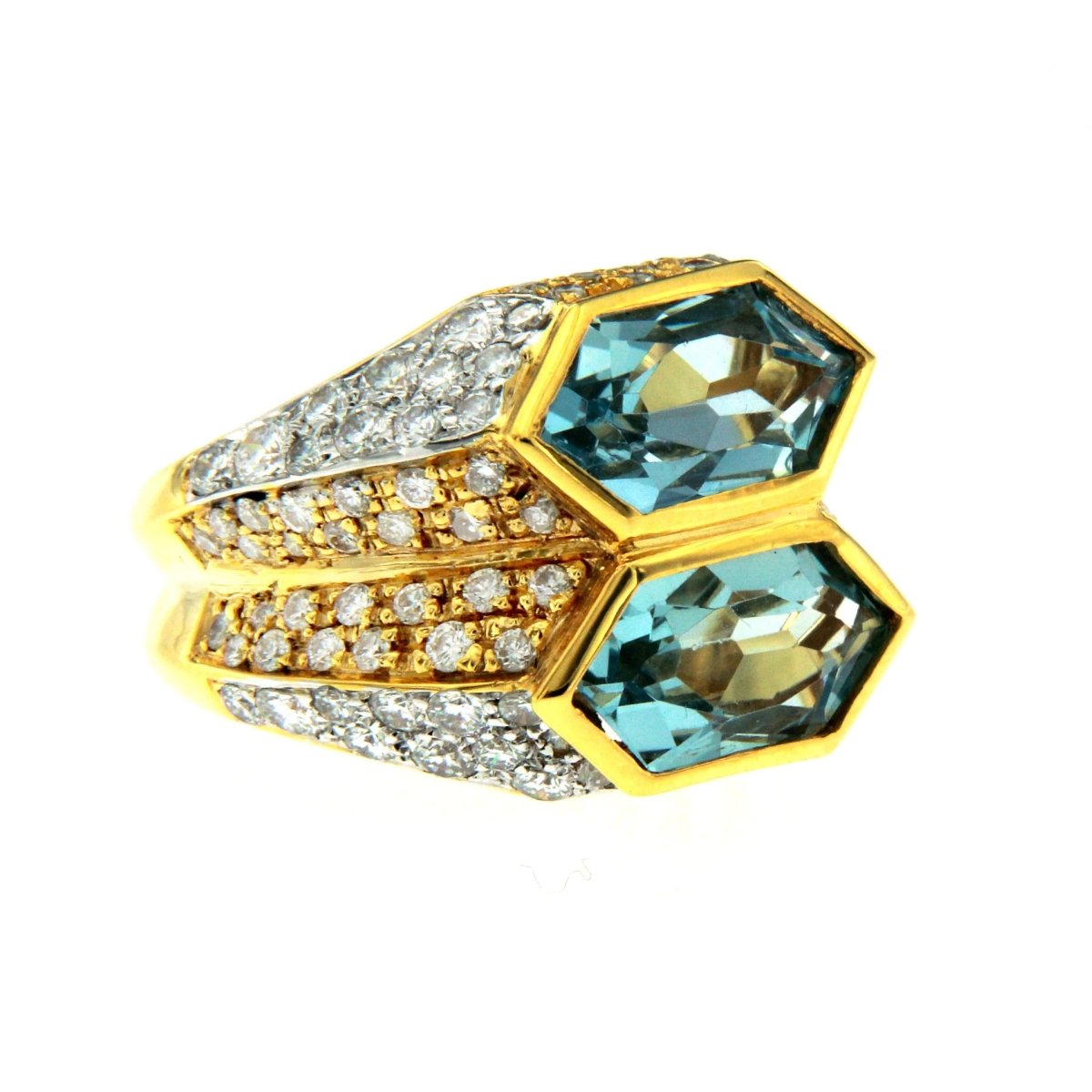 Iconic Bulgari Aquamarine Diamond Two - Color Gold Double Ring - Castafiore