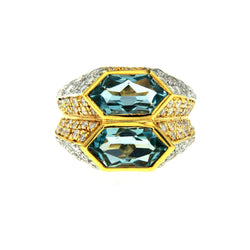 Iconic Bulgari Aquamarine Diamond Two - Color Gold Double Ring - Castafiore