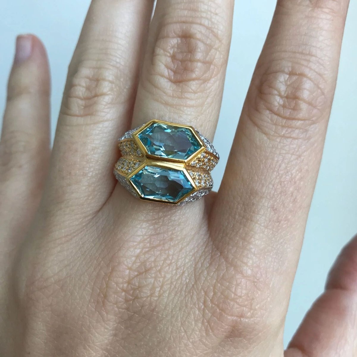 Iconic Bulgari Aquamarine Diamond Two - Color Gold Double Ring - Castafiore