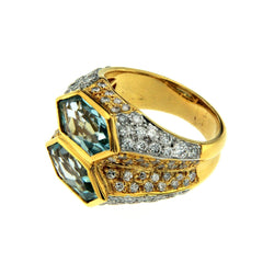 Iconic Bulgari Aquamarine Diamond Two - Color Gold Double Ring - Castafiore