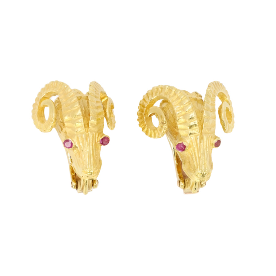 LALAOUNIS (Att. à) Clips d'oreilles tête de belier or jaune rubis - Castafiore