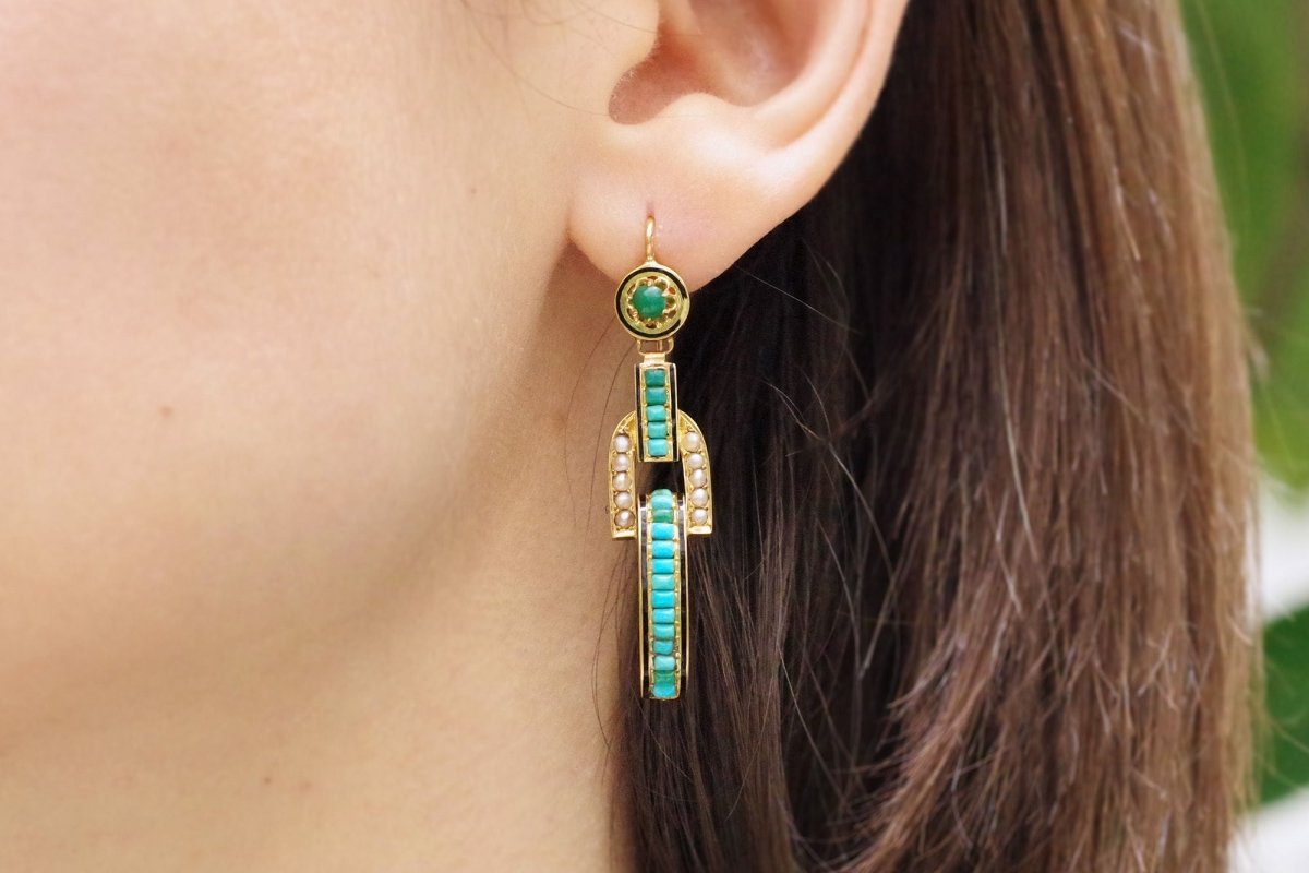 Longues boucles d’oreille turquoises en or - Castafiore