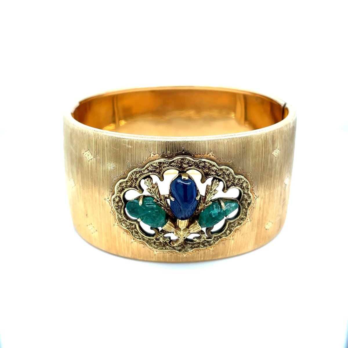 Mario Buccellati Tutti Frutti Sapphire Emerald 1960 Gold Cuff Bracelet - Castafiore