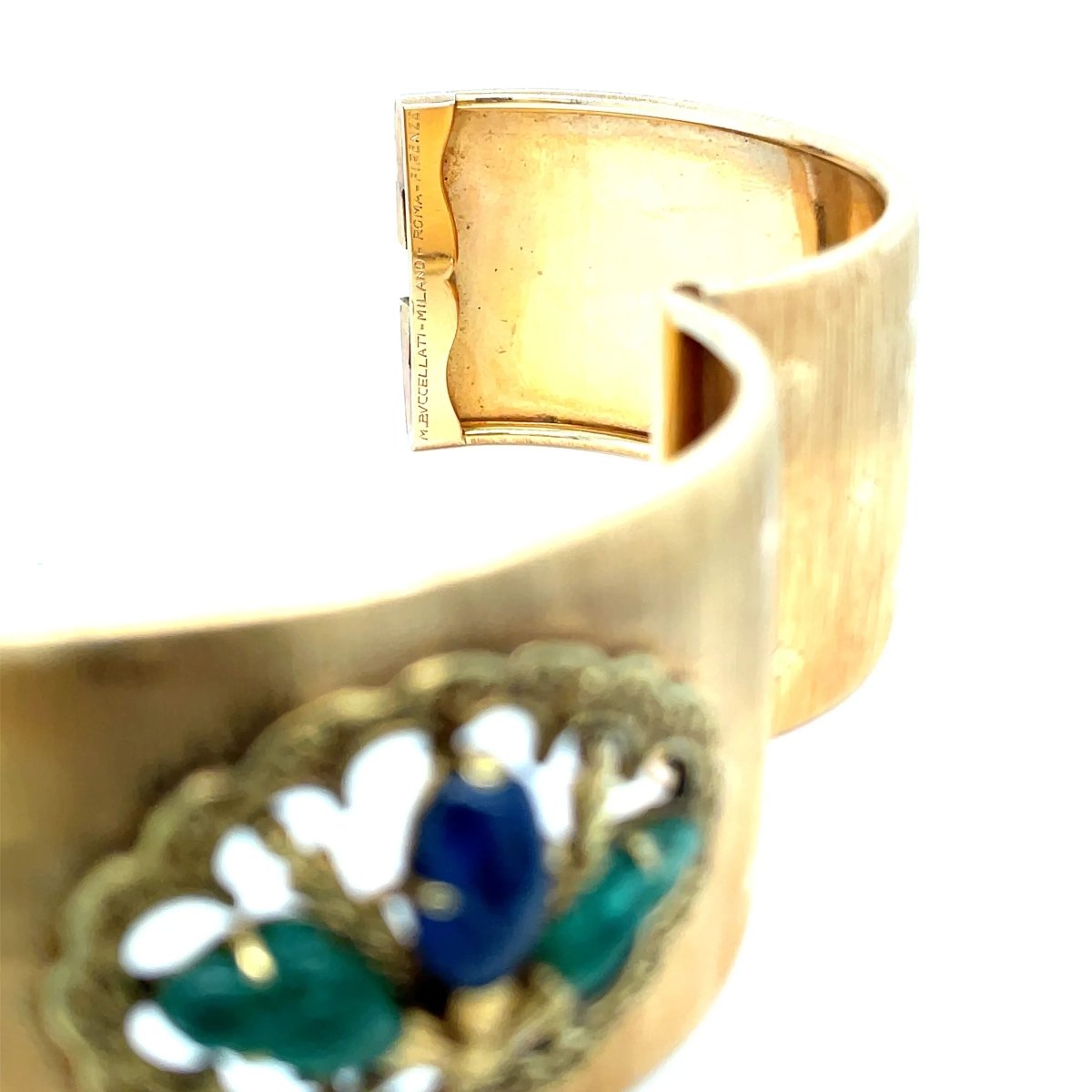 Mario Buccellati Tutti Frutti Sapphire Emerald 1960 Gold Cuff Bracelet - Castafiore