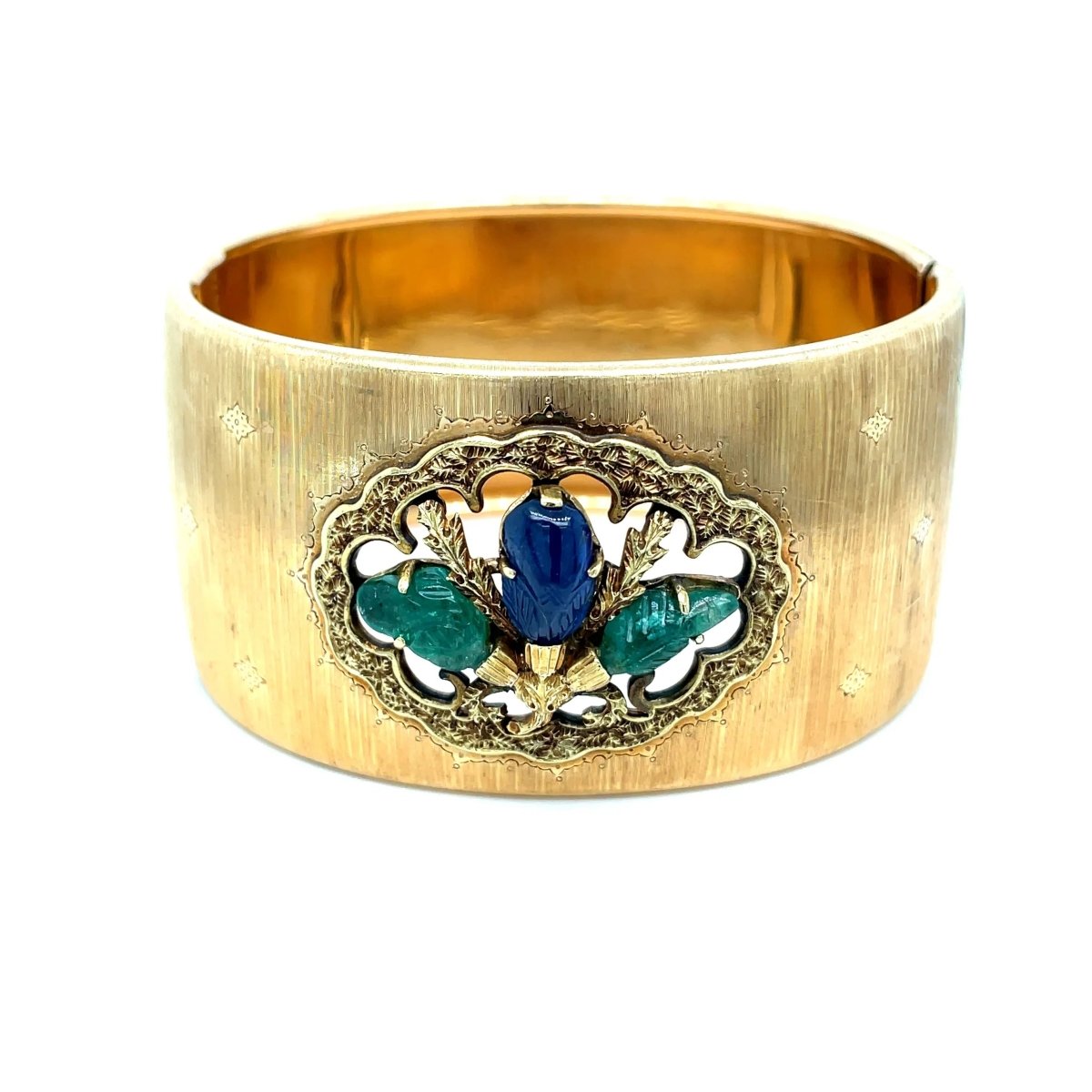 Mario Buccellati Tutti Frutti Sapphire Emerald 1960 Gold Cuff Bracelet - Castafiore