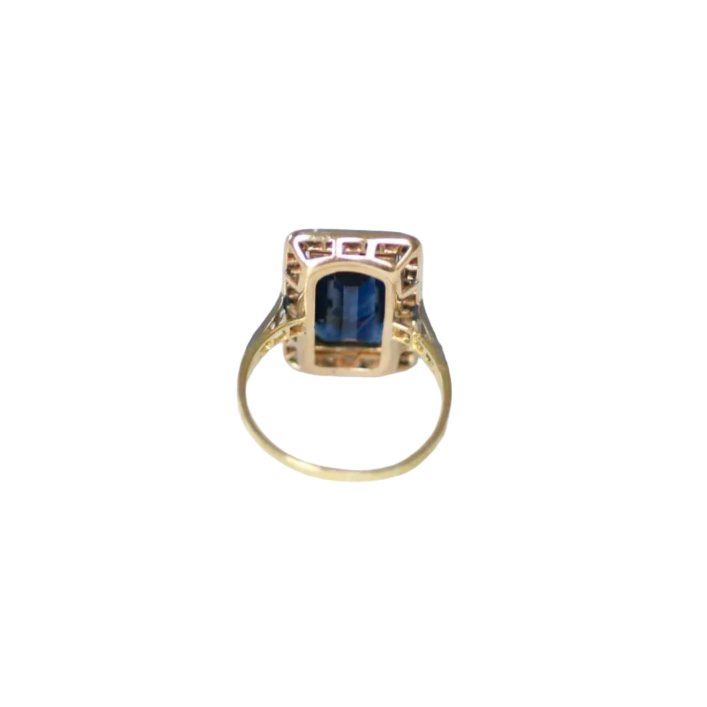 Ring Art Deco rectangular in yellow gold and paltinium with sapphire and diamonds