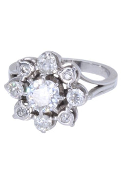 Bague marguerite en or blanc, platine et diamants