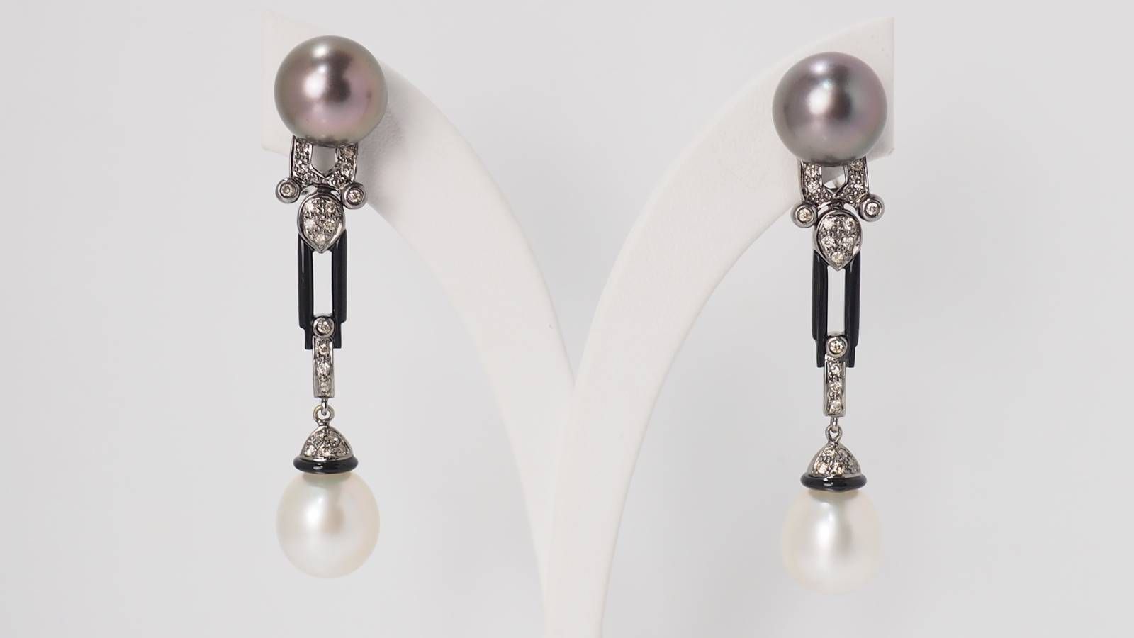 Pair of white gold cognac diamond and pearl earrings 