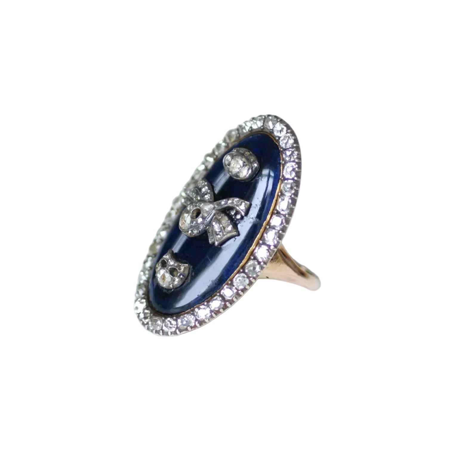 Bague navette en or rose et argent avec diamants et émail bleu