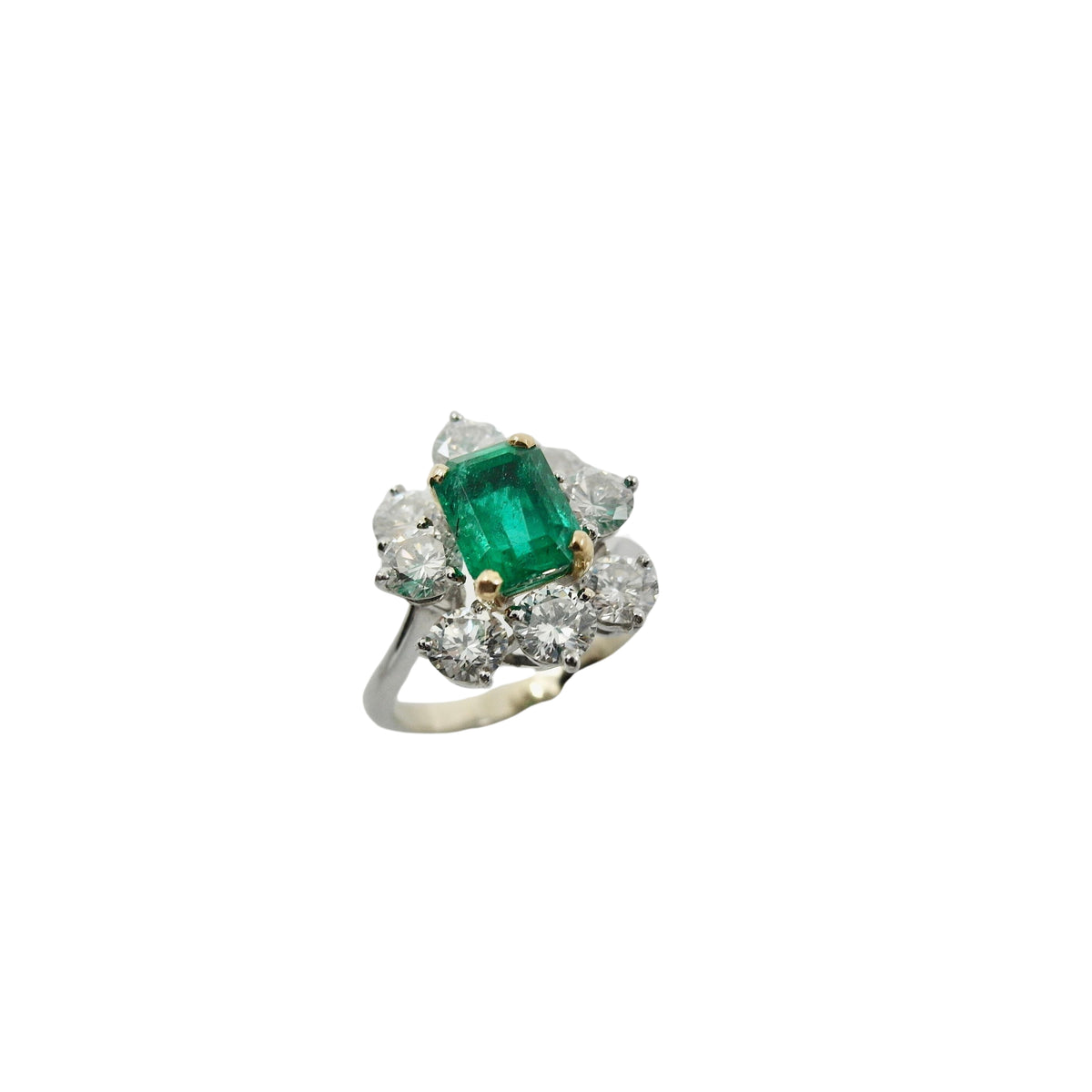Bague Marguerite en or jaune, or blanc, émeraude et diamants