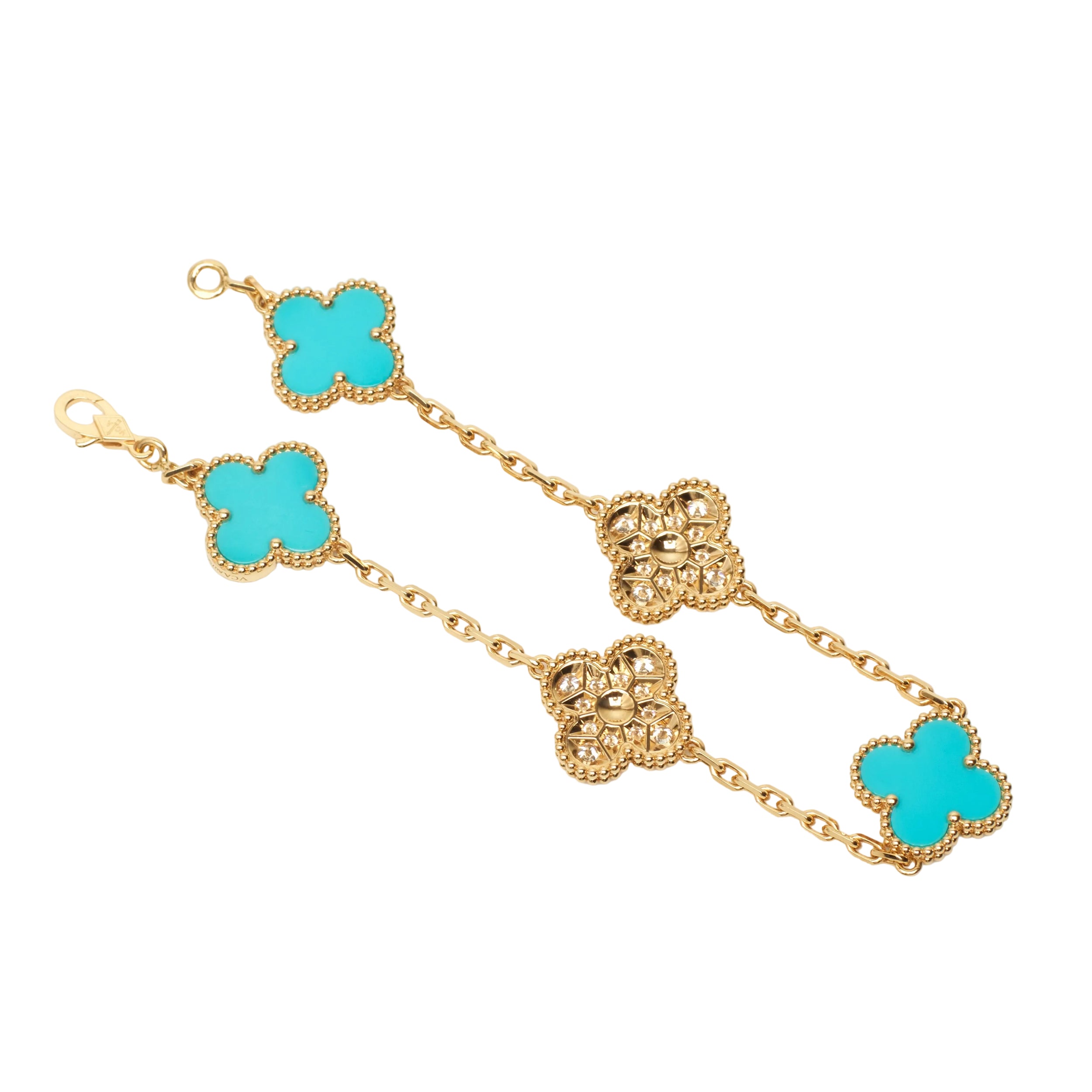 Bracelet Breloque VAN CLEEF & ARPELS Alhambra en or jaune, turquoises et diamants