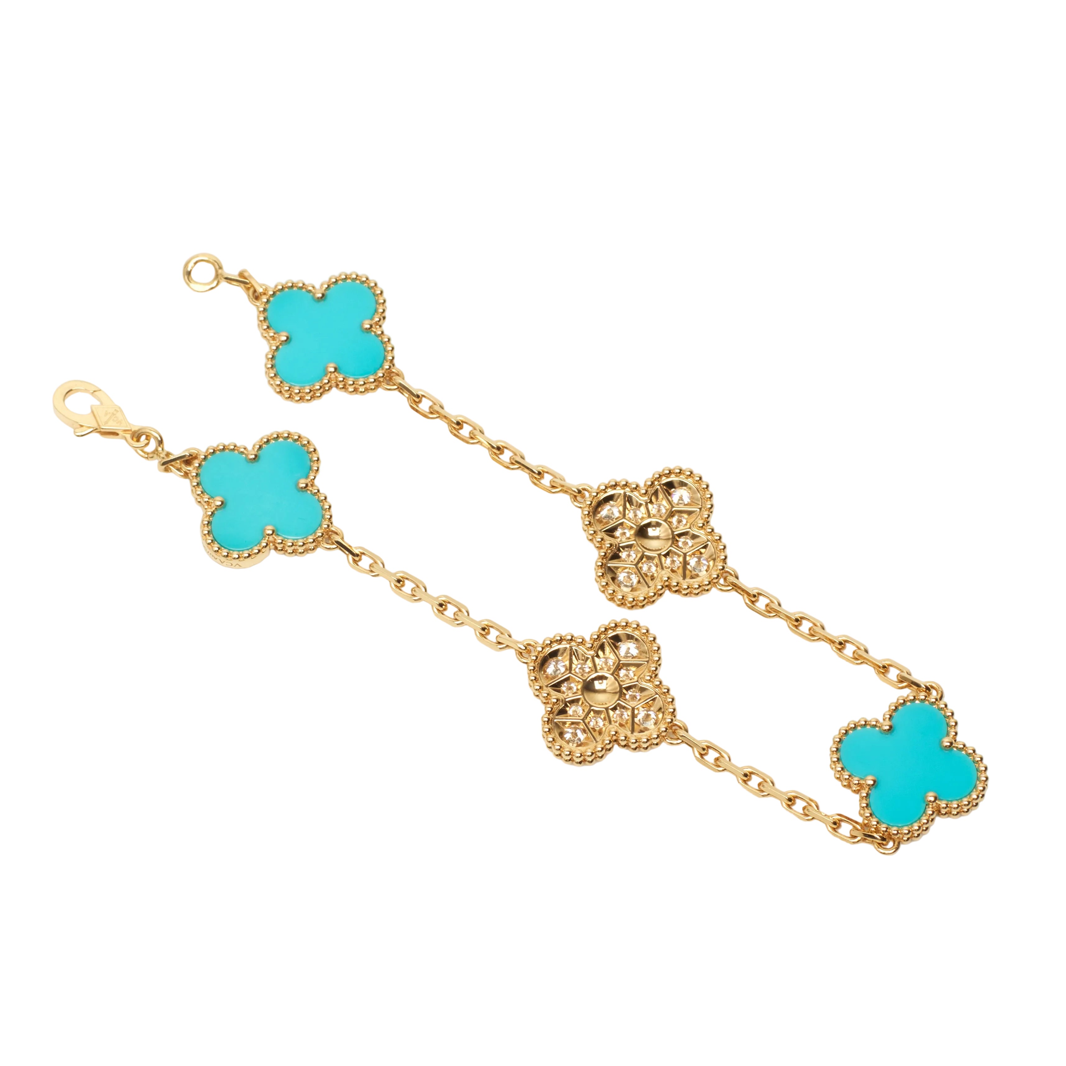 Bracelet Breloque VAN CLEEF & ARPELS "Alhambra" en or jaune, turquoises et diamants