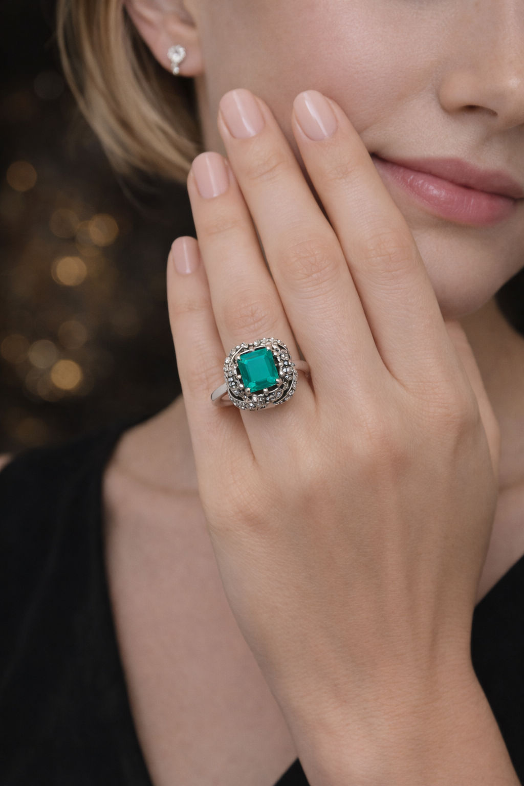 ANILLO DE ESMERALDA CON ORLA DE DIAMANTES ESTILO CLÁSICO VINTAGE