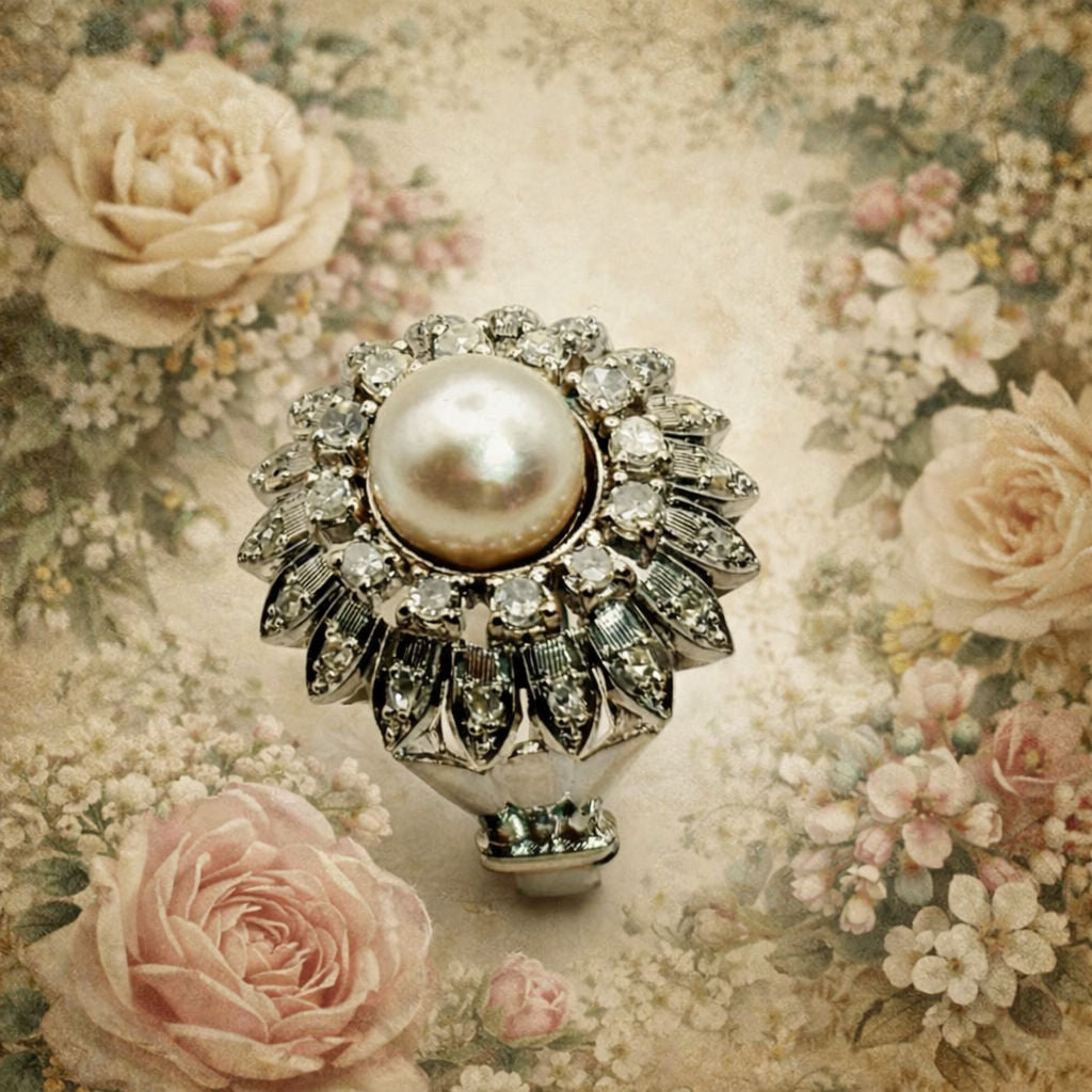 Bague en or blanc et diamant et perle