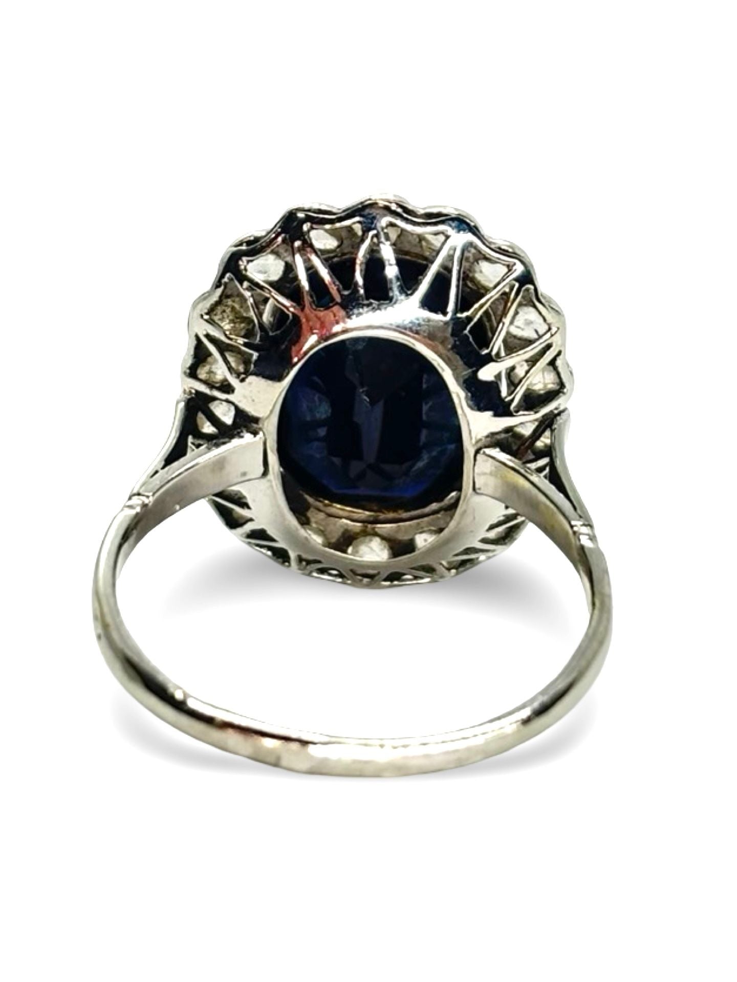 Bague ancienne or blanc saphir 5 ct et diamants 0,60 ct