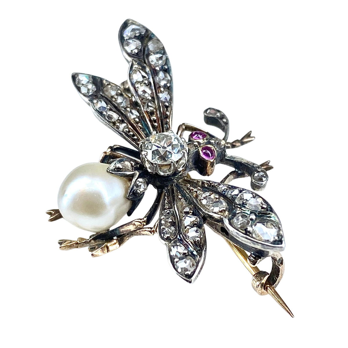 Broche mouche en or 18 carats et argent en diamants et perles fines vers 1850