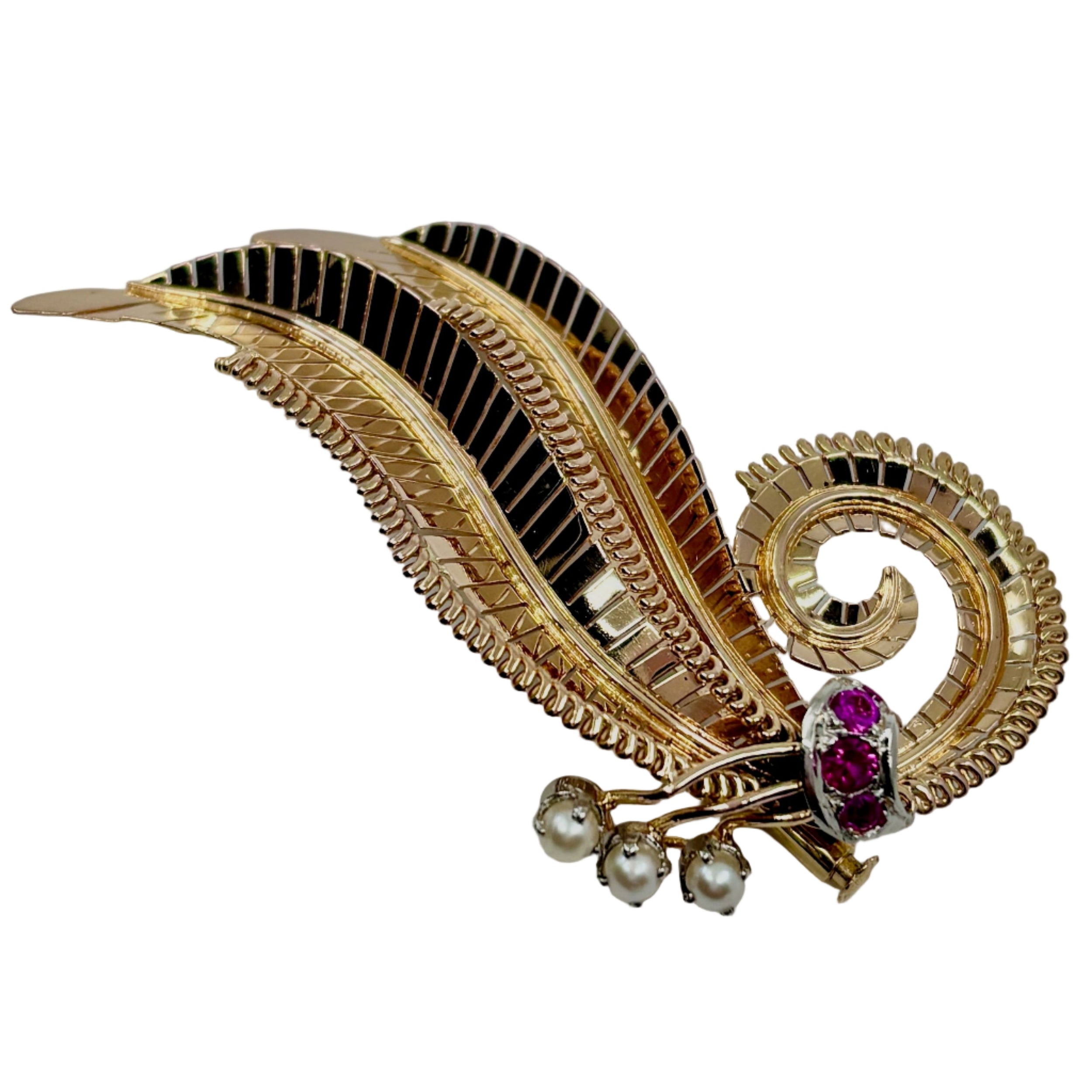 Broche Feuille en or jaune, platine, perles et pierres