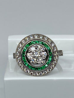 Round 18k gold emerald and diamond ART DECO style ring