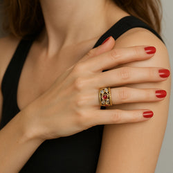 Bandeau ring in yellow gold, diamond and ruby