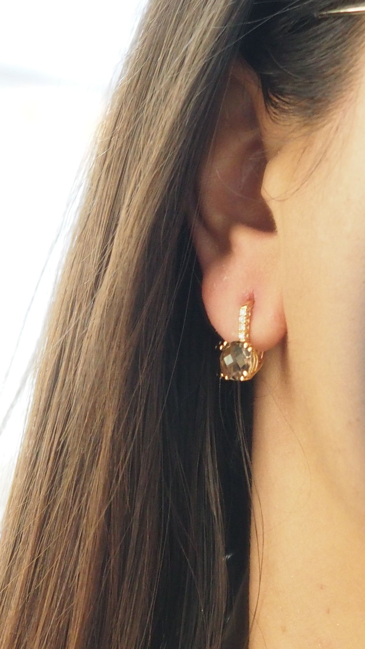 Boucles d'oreilles en or rose, quartz fumé et diamants