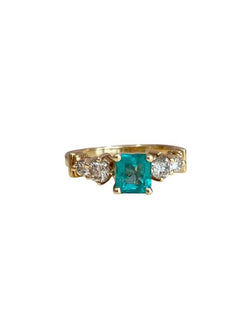 Bague vintage en or 14k sertie d'une émeraude et de diamants