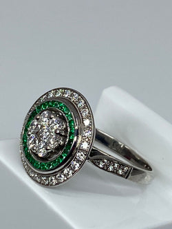 Round 18k gold emerald and diamond ART DECO style ring