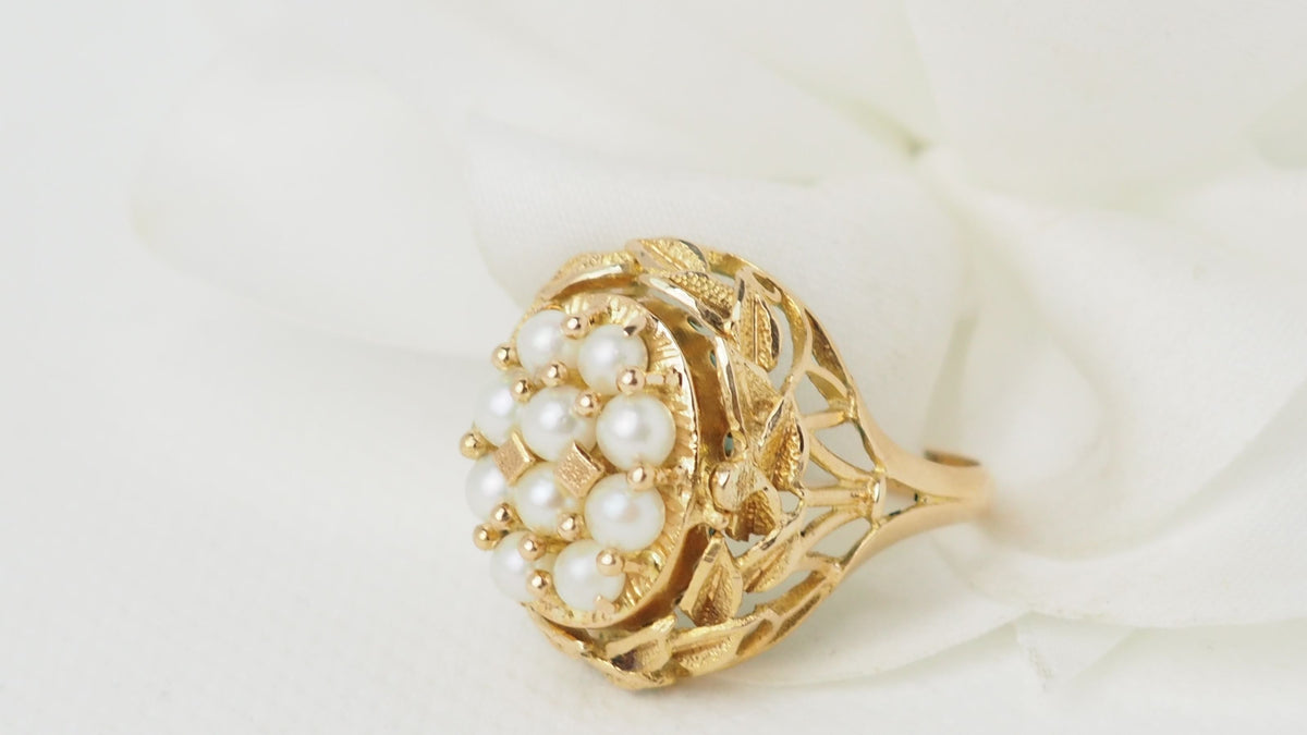 Bague Basculante En Or Jaune, Perles Et Amazonite