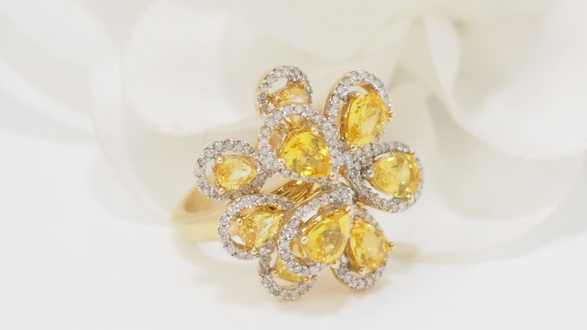 Bague Fleur or blanc et citrines et diamants