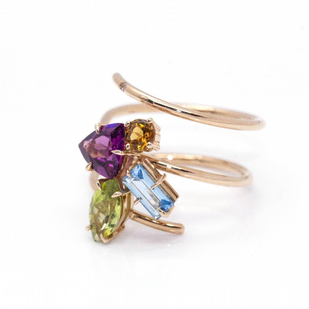 Bague Cocktail en or rose, péridot, topaze, grenat, tourmaline et diamant