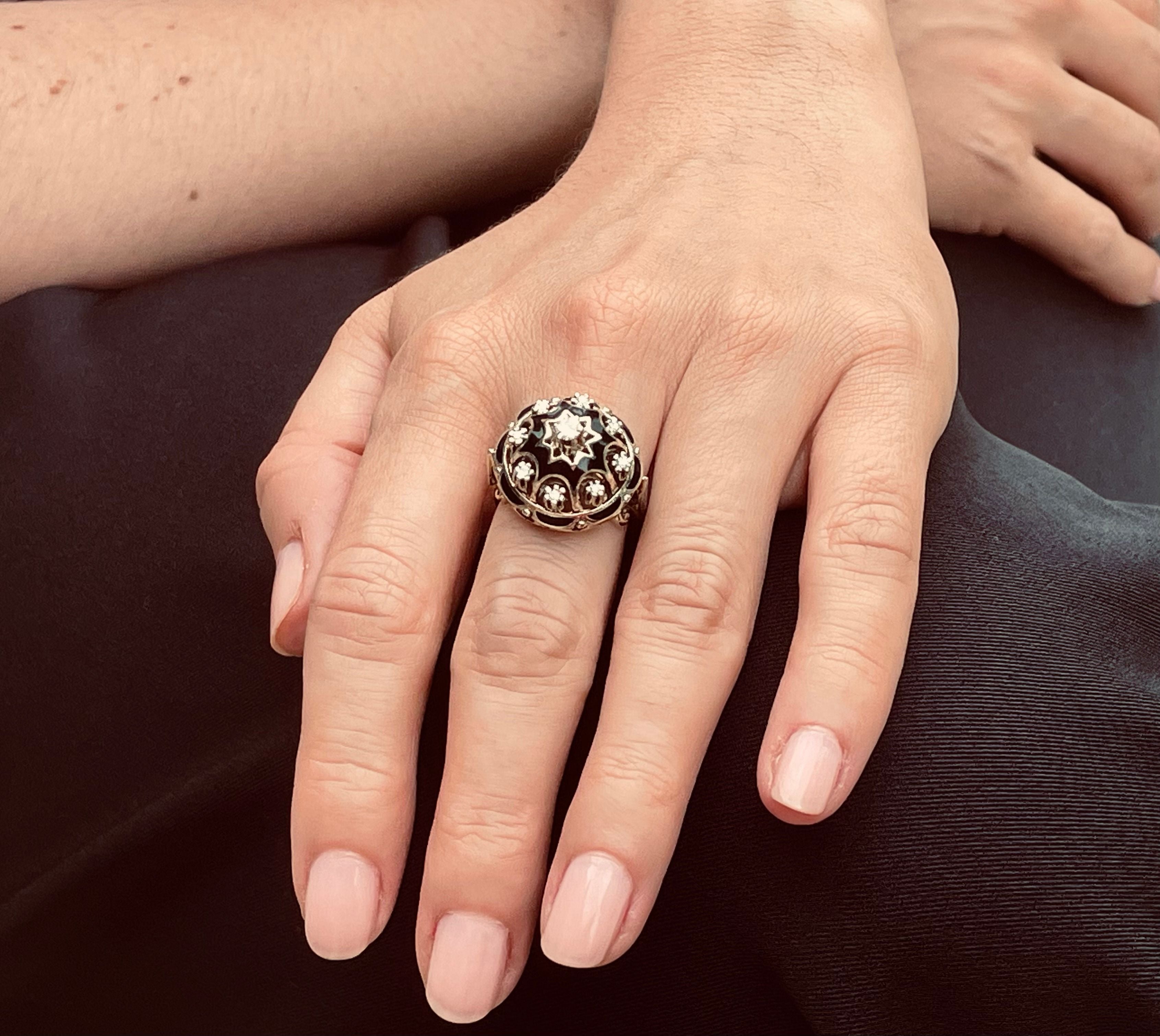 Cocktail dome ring in yellow gold with diamonds and black enamel
