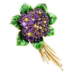 Brooch in yellow gold, amethysts and enamel