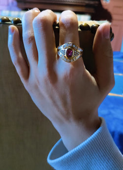 Ring Headband in yellow gold, ruby and diamonds