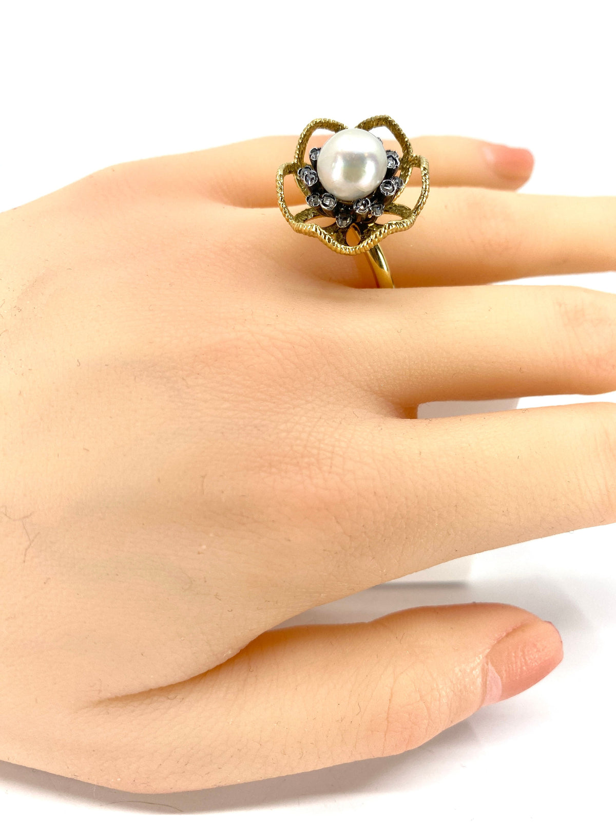 Bague Cocktail en or jaune 18 carats et argent,perle fine et diamants