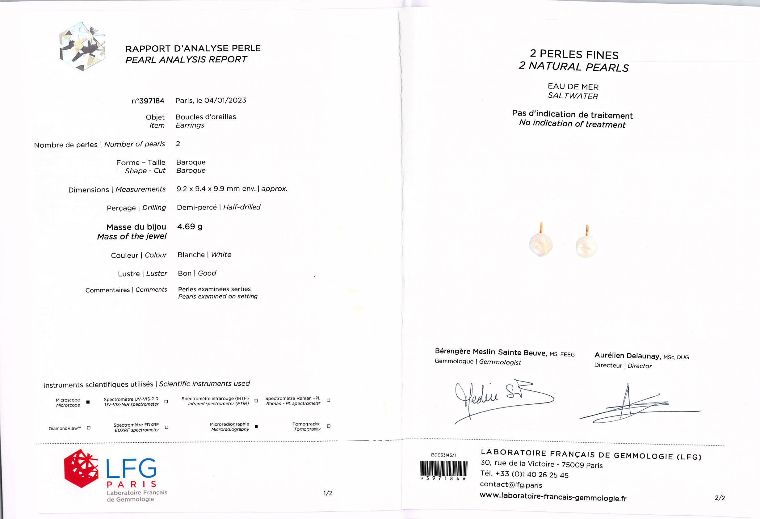 Boucles d'oreilles - Or & Perles fines baroque