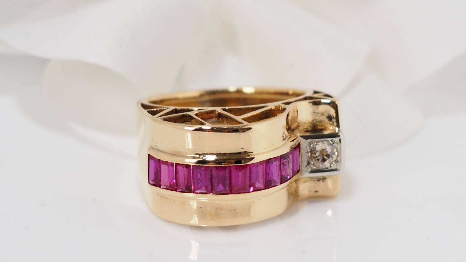 Yellow gold and diamond tank ring
