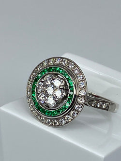 Round 18k gold emerald and diamond ART DECO style ring