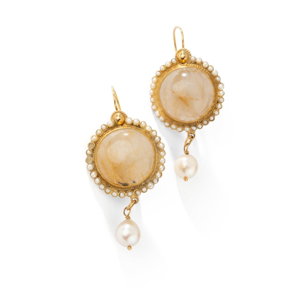 Boucles d'oreilles Pendantes en or jaune, quartz et perles