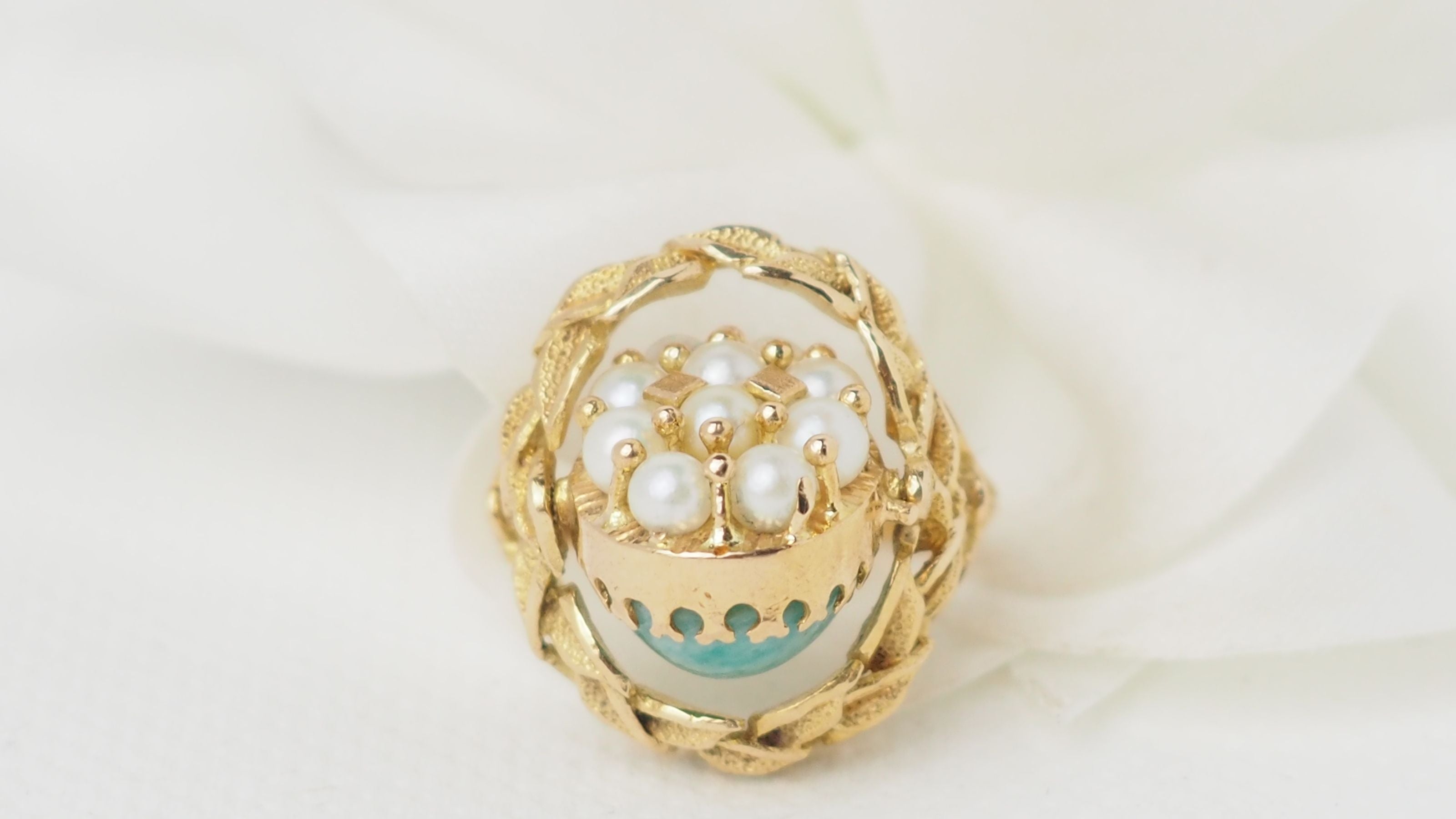 Bague Basculante En Or Jaune, Perles Et Amazonite