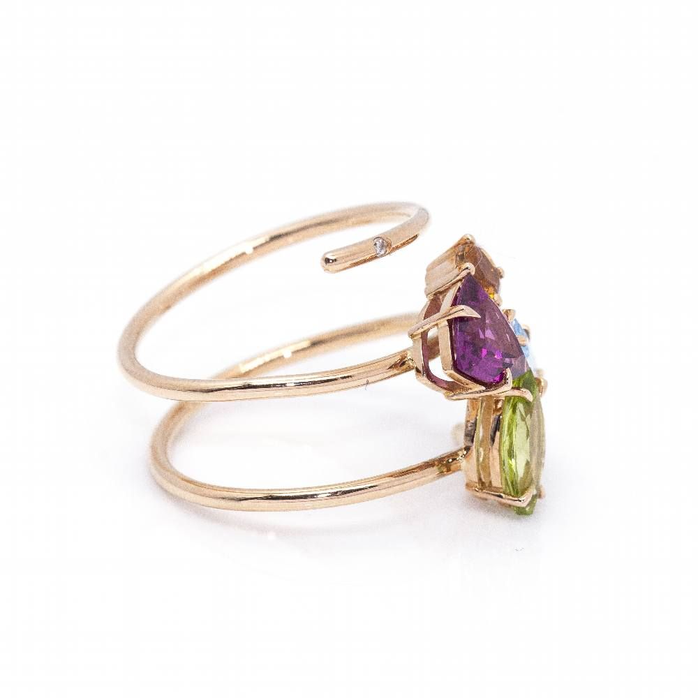 Bague Cocktail en or rose, péridot, topaze, grenat, tourmaline et diamant