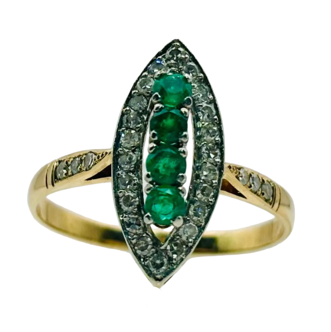 Bague en or jaune et diamants et émeraudes