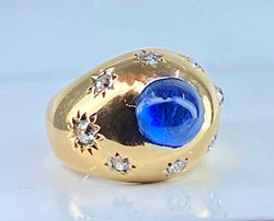 Dome ring in yellow gold, Ceylon sapphire and diamonds
