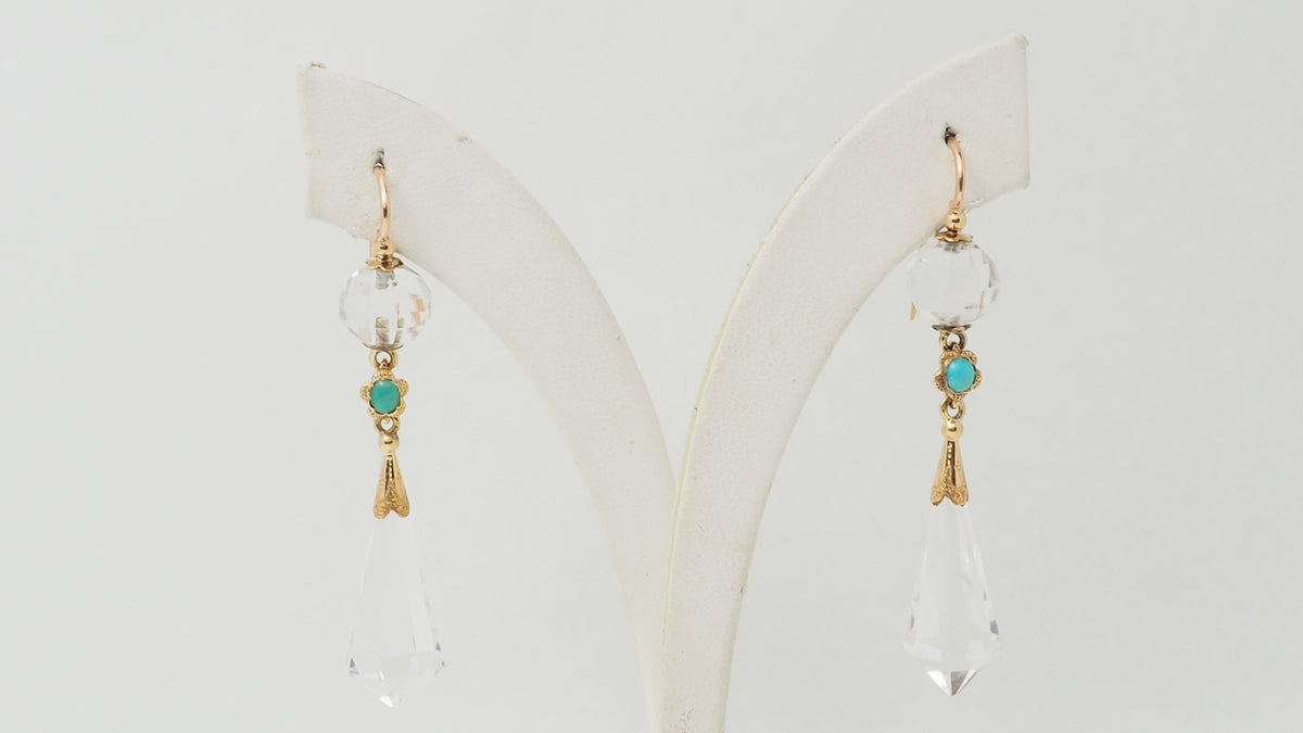 Boucles d'oreilles en or jaune, cristal de roche et turquoise