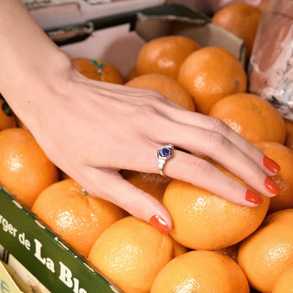 Bague Octogonale en platine, saphir et diamant