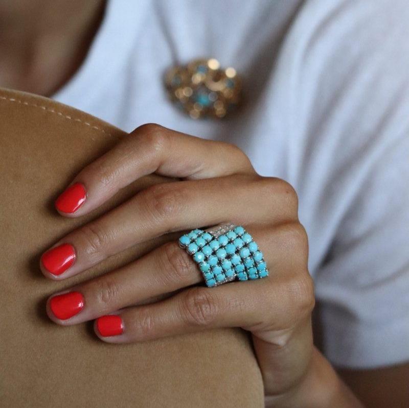 Bague Cocktail RINALDO GAVELLO en or blanc, turquoises et diamants