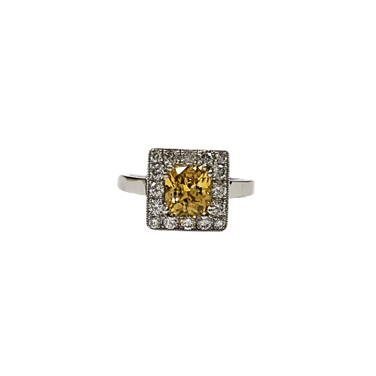 Bague en platine 850, diamants et saphir jaune naturels - Taille EU53