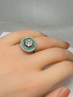 Round 18k gold emerald and diamond ART DECO style ring