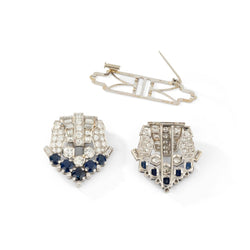 Double Broche Clip Art déco en platine et or blanc, et en saphirs et diamants