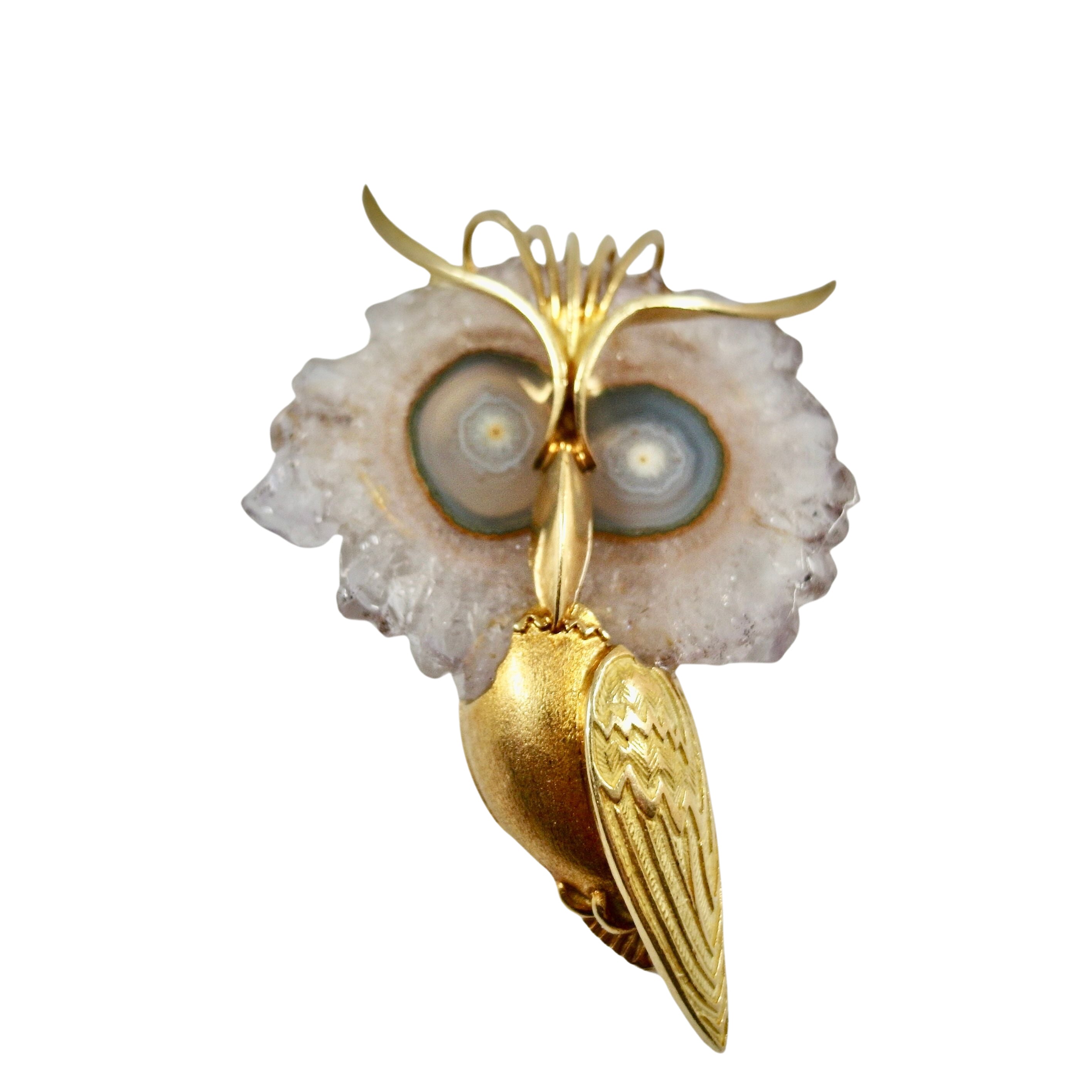 Broche/Pendentif Hibou en or jaune et agate