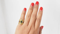 Ruby and green stone yellow gold ring 