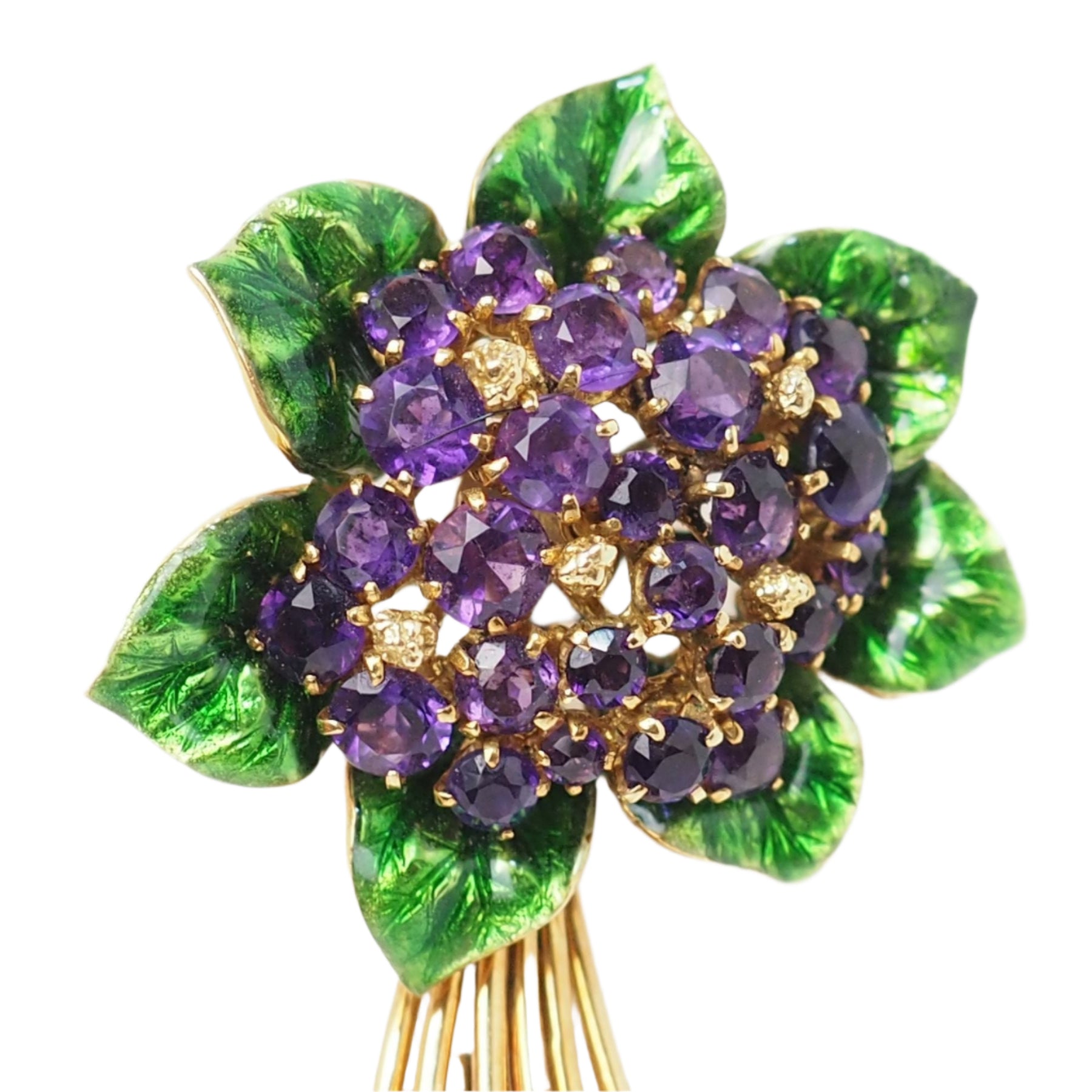 Brooch in yellow gold, amethysts and enamel